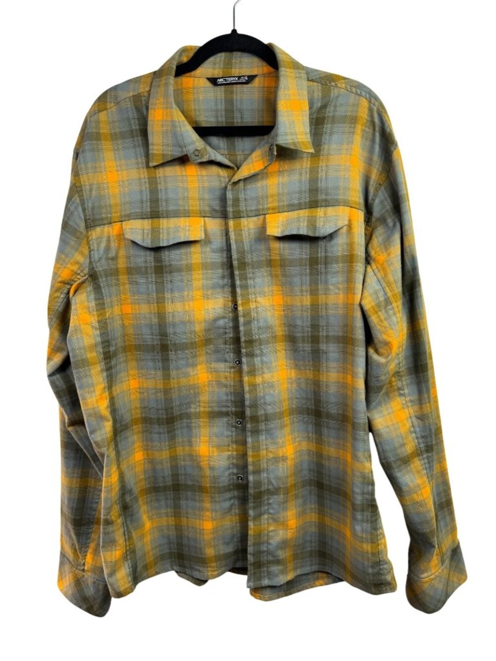 Arcteryx Plaid Button Up Long Sleeve Shirt Yellow Gray Mens XL Snap Flap Pocket